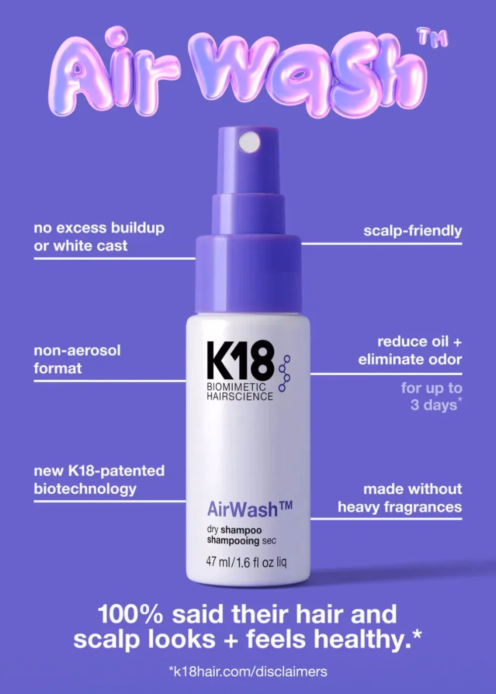 K18 Airwash Dry Shampoo 47ml - Refreshing Hair Cleanser & Volume Booster 2