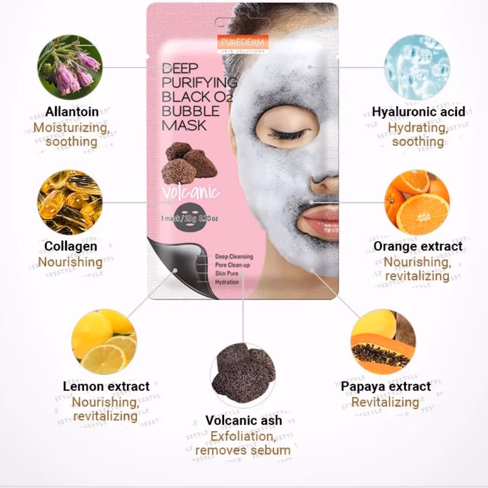 Purederm  Deep Purifying Black O2 Bubble Mask Volcanic 20gm 3