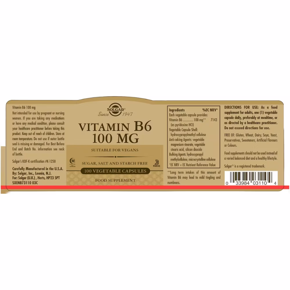 Solgar Vitamin B6 100mg 100 Veg Capsules 4