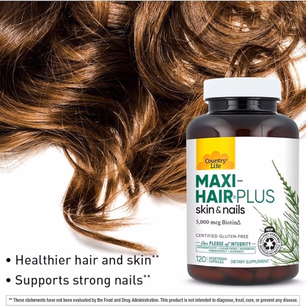 Country Life Maxi-Hair Plus Biotin 5000 mcg Hair, Skin  Nails 120 Capsules 3
