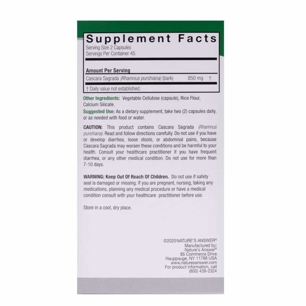 Natures Answer Cascara Sagrada bark 850mg-90 Capsules 4