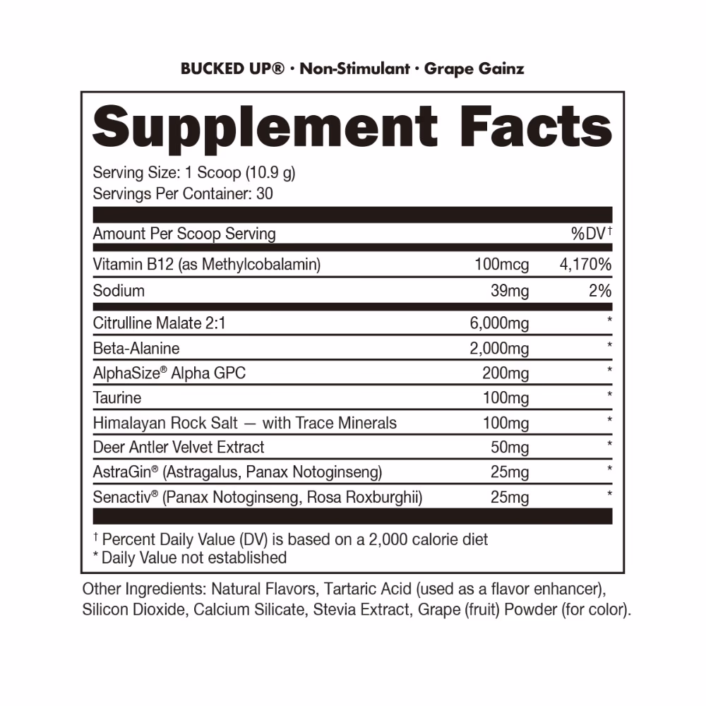 Bucked Up Pre Workout Non-Stimulant Grape Gainz 30s 3