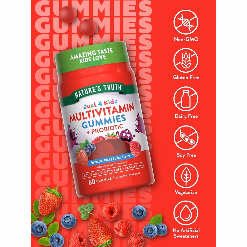 Nature's Truth Kids Multivitamin + Probiotic – 60 Gummies, Berry Punch Flavor  4