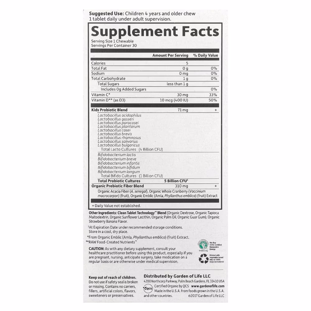 Garden of Life Dr. Formulated Probiotics Organic Kids+ Shelf-Stable Strawberry Banana 30 Chewables 2