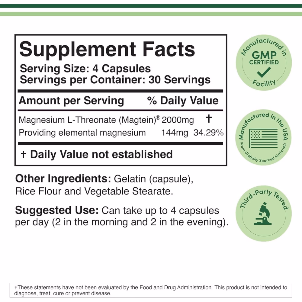 Double Wood Magtein Magnesium L-Threonate 2000mg 120 Capsules 2