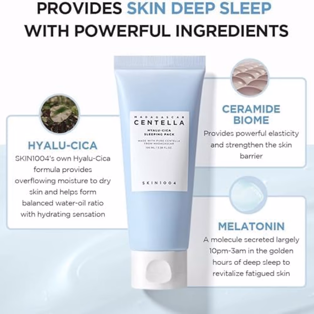 SKIN1004 Centella Hyalu-Cica Sleeping Pack 100ml - Overnight mask with Centella and Hyaluronic Acid to hydrate, soothe, and repair skin while you sleep. 4