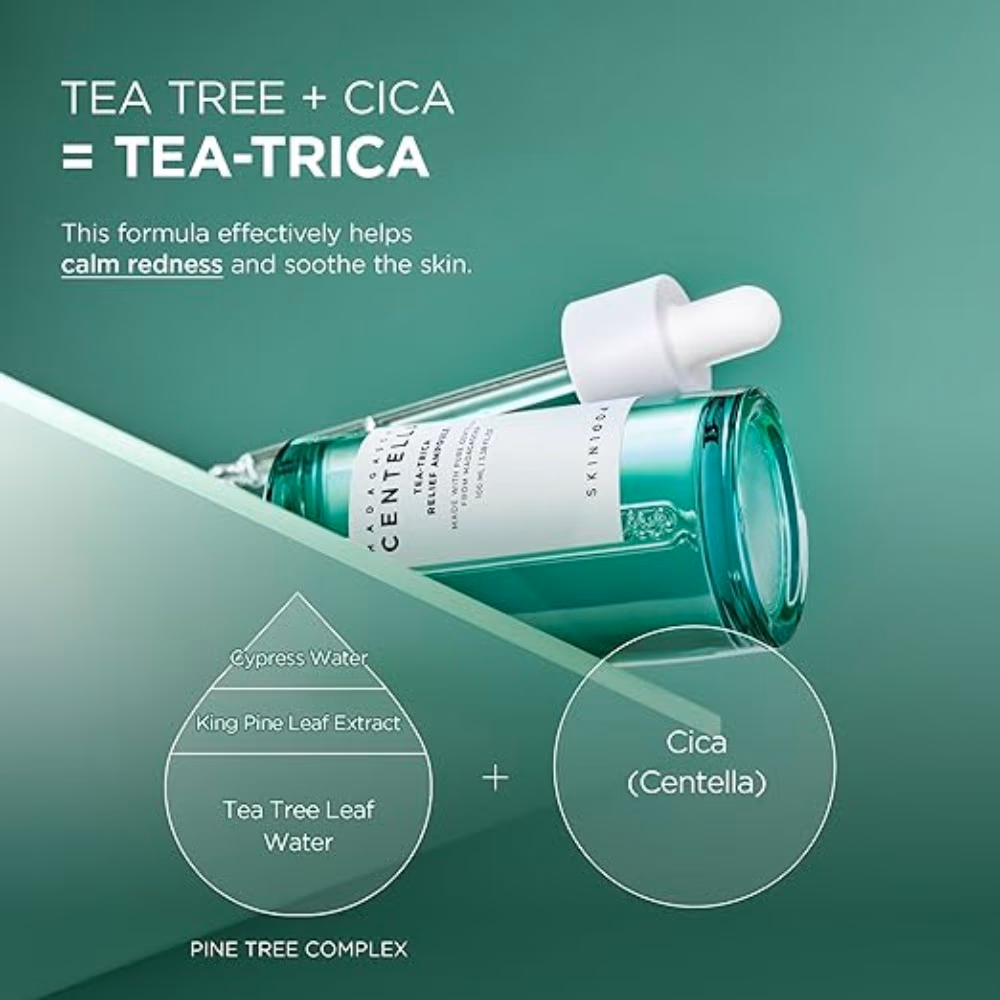 SKIN1004 Centella Tea-Trica Relief Ampoule – 100ml Clarifying ampoule with Centella and Tea Tree to calm irritation, control oil, and reduce blemishes. 5