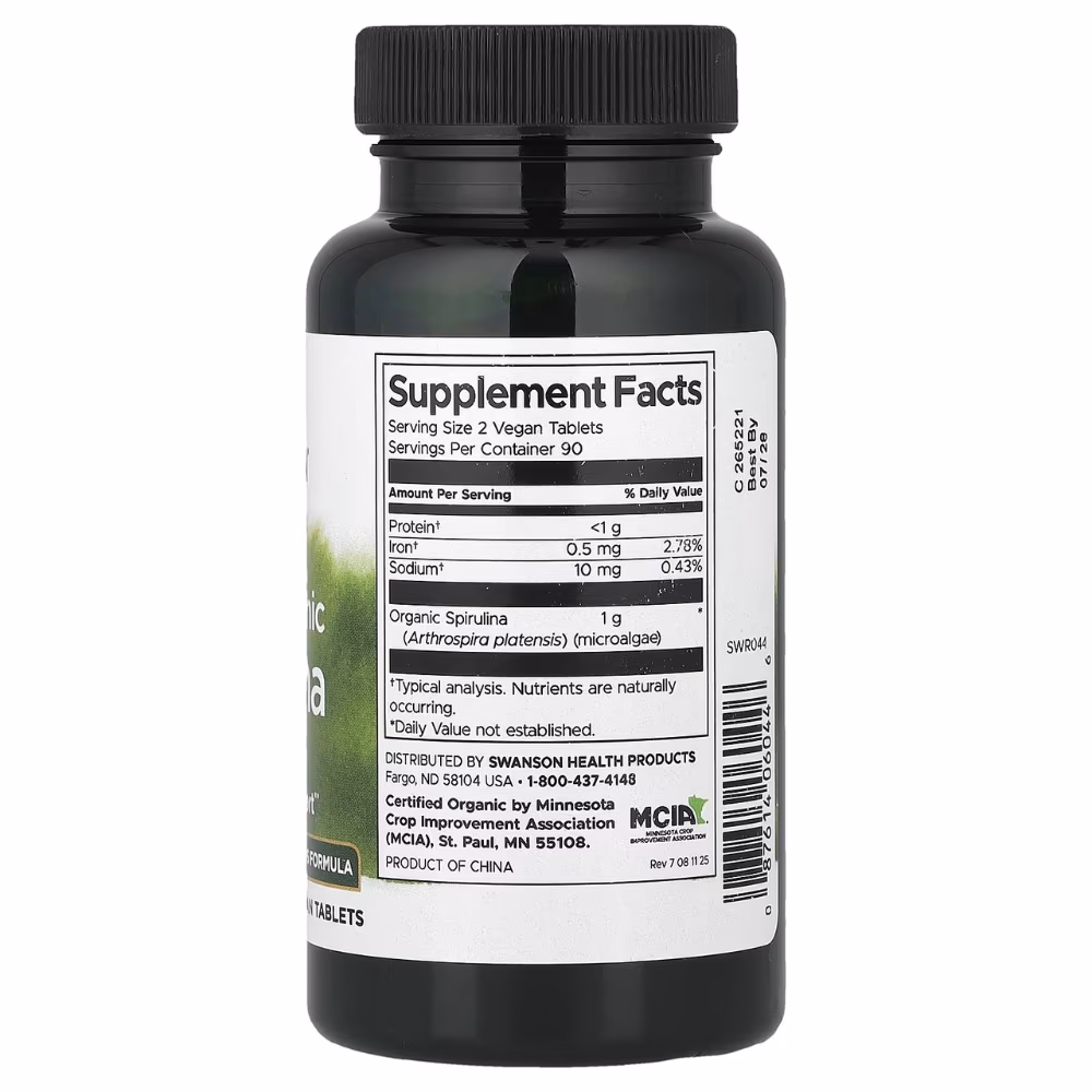 Swanson 100% Organic Spirulina 500mg-180 Tablets  2