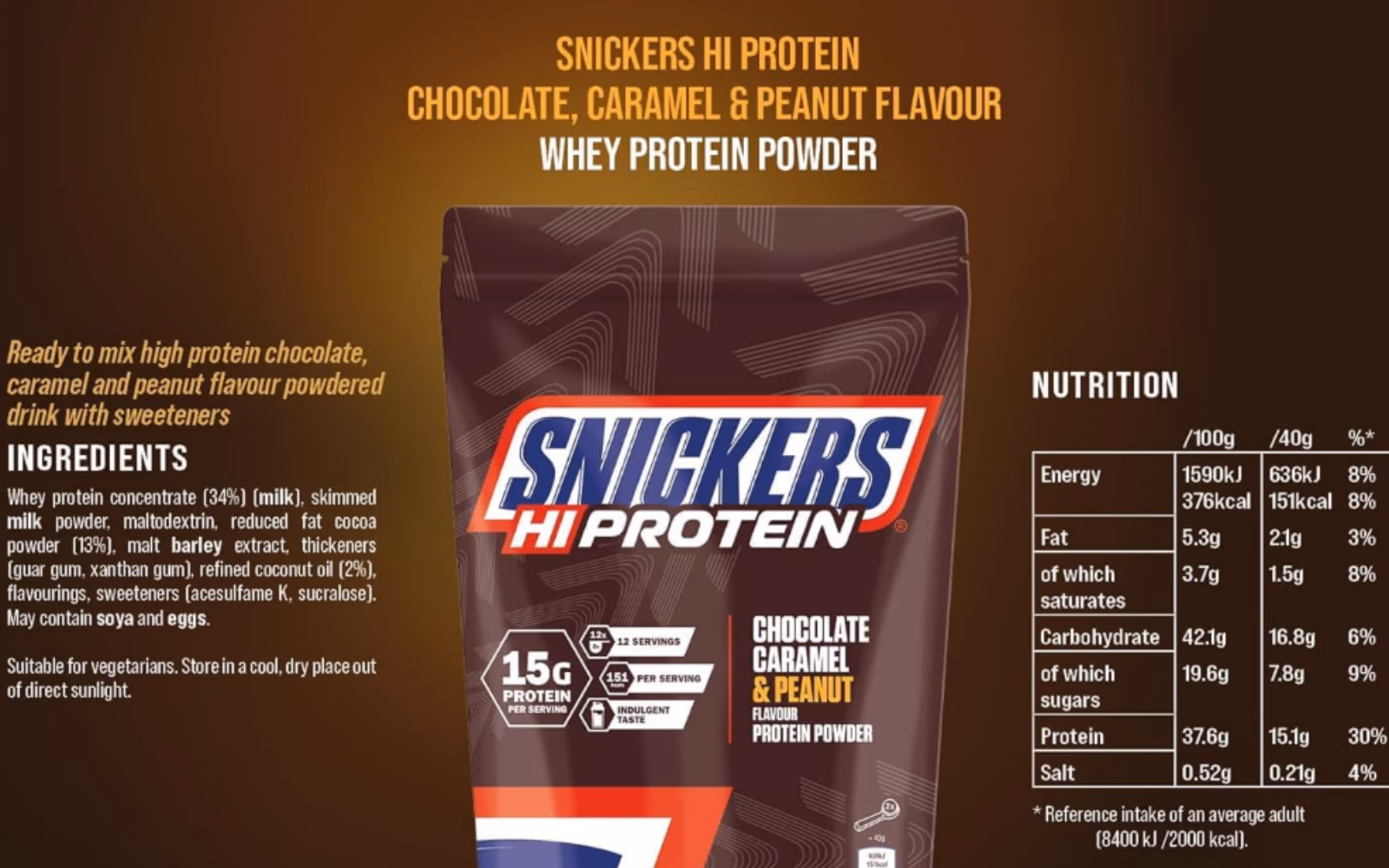 Snickers Hi Protein Chocolate Caramel and Peanut Whey Powder 455g 2