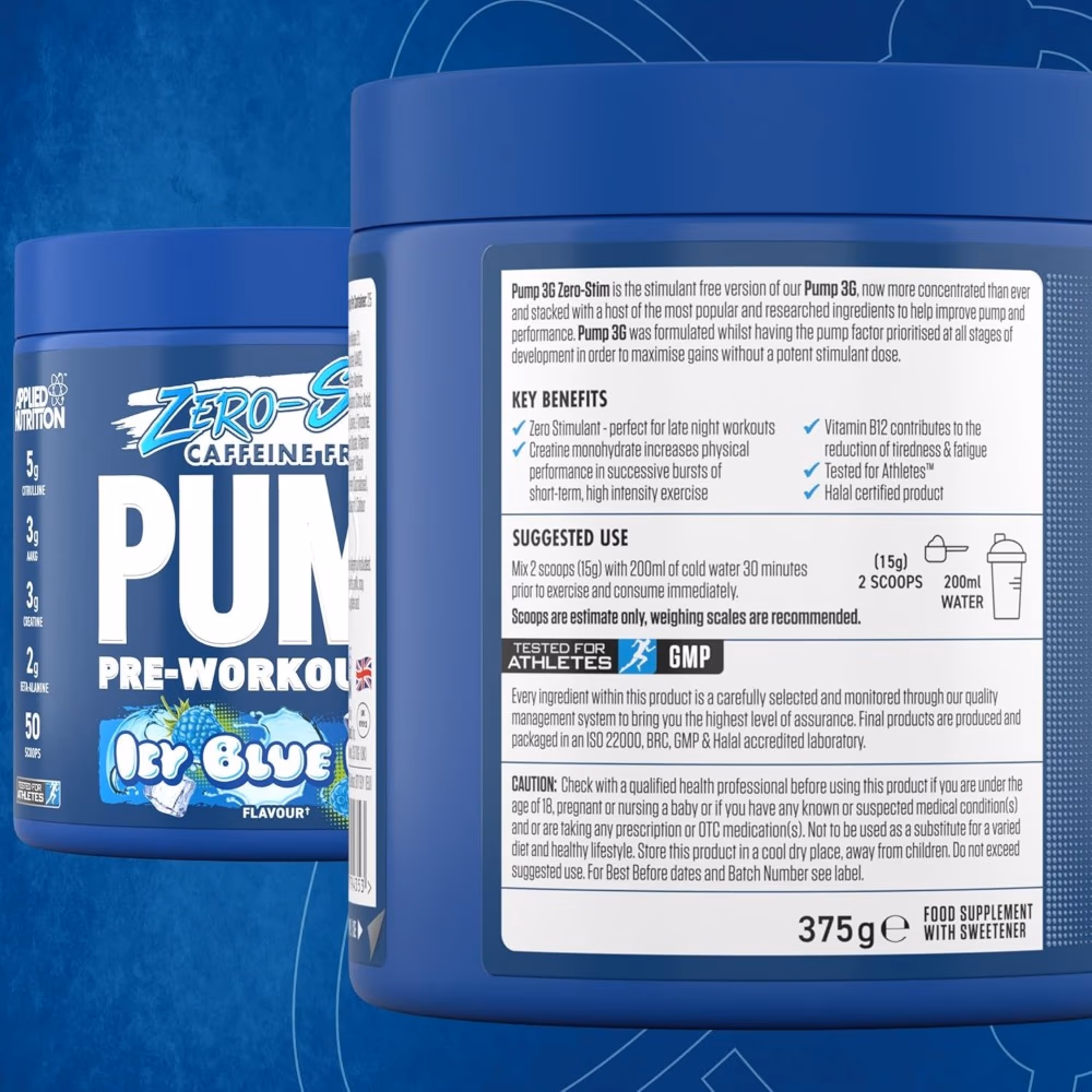 Applied Nutrition Pump 3G Pre Workout Zero Stim Blue Raspberry 375g 4