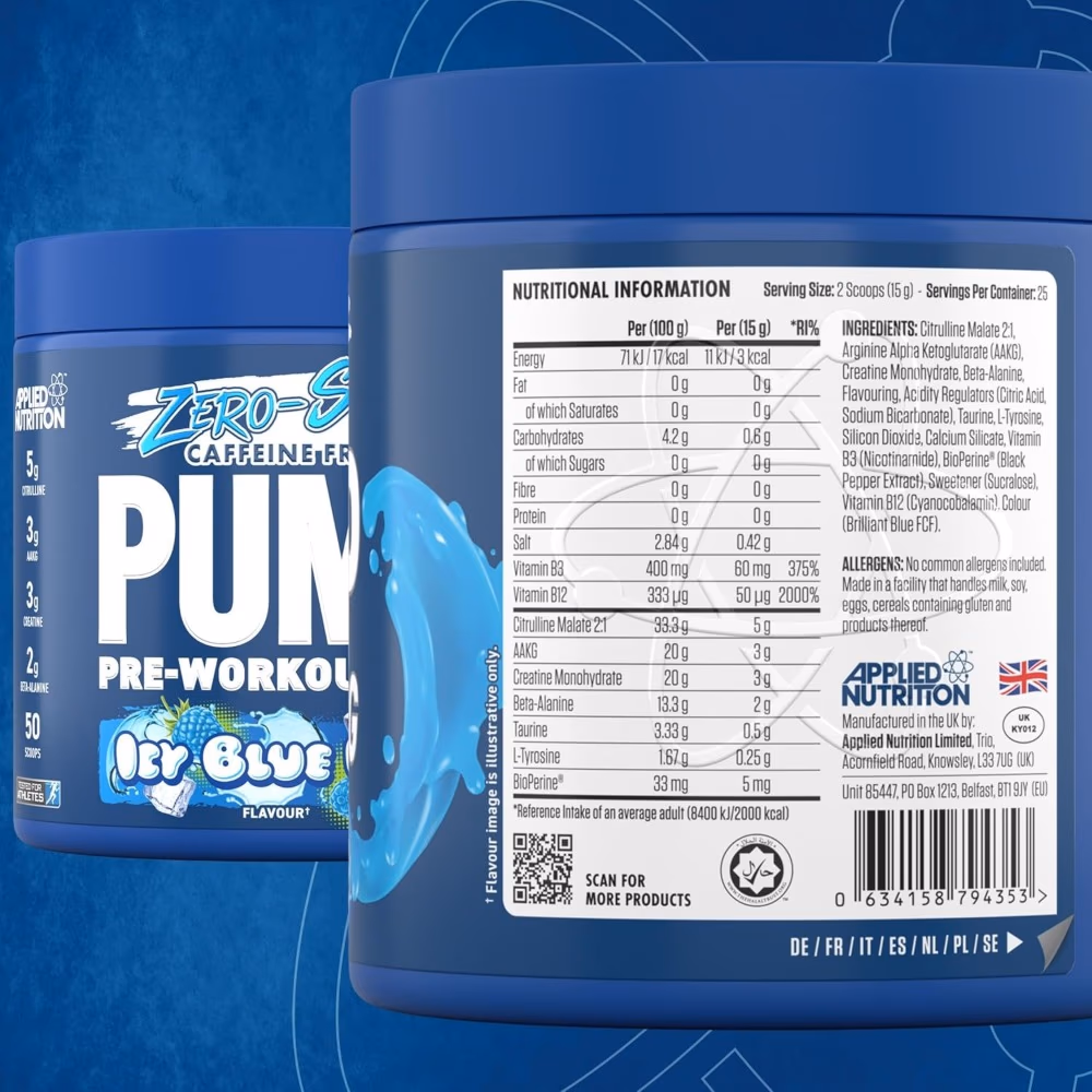 Applied Nutrition Pump 3G Pre Workout Zero Stim Blue Raspberry 375g 3