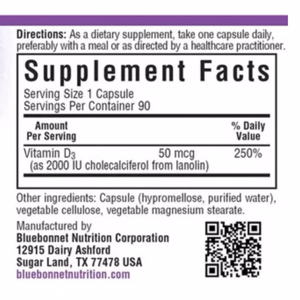 Bluebonnet Vitamin D3 2000IU 90 Veg Caps 2