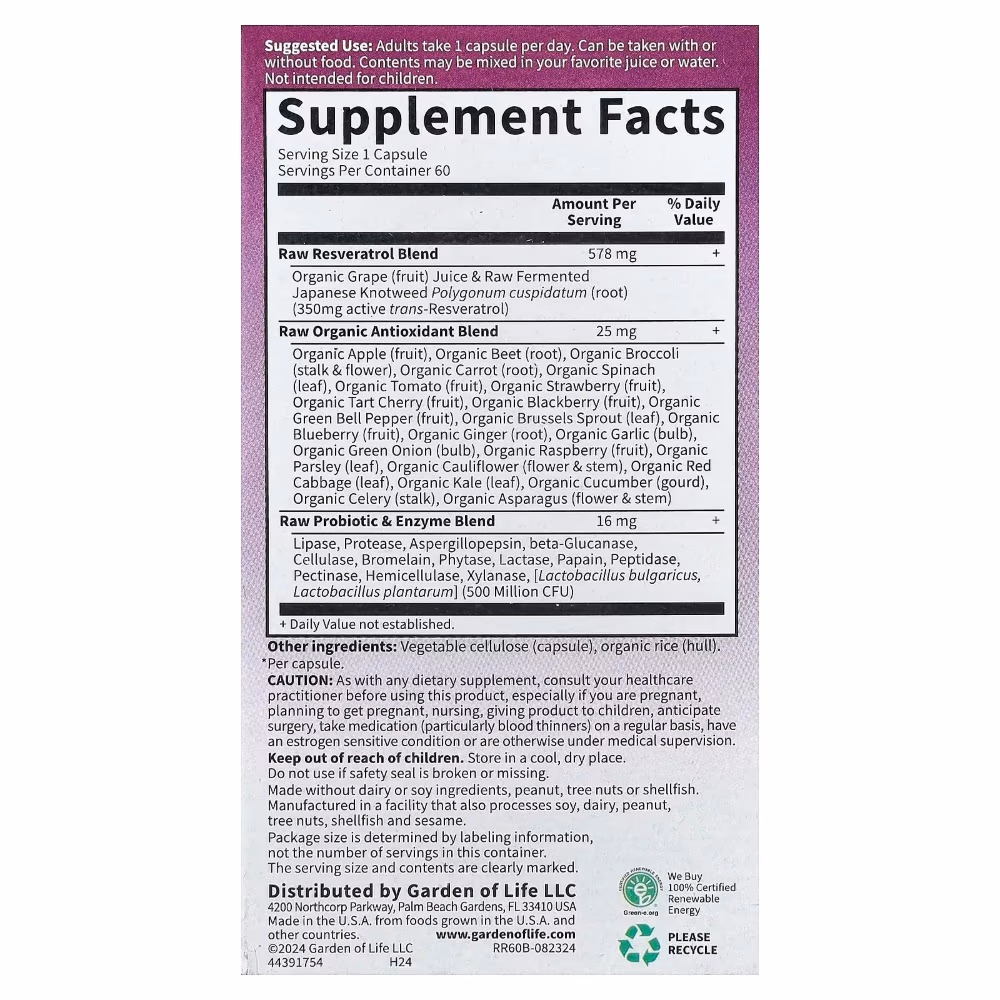  Garden of Life Raw Resveratrol 350mg 60 Vegan Capsules 3