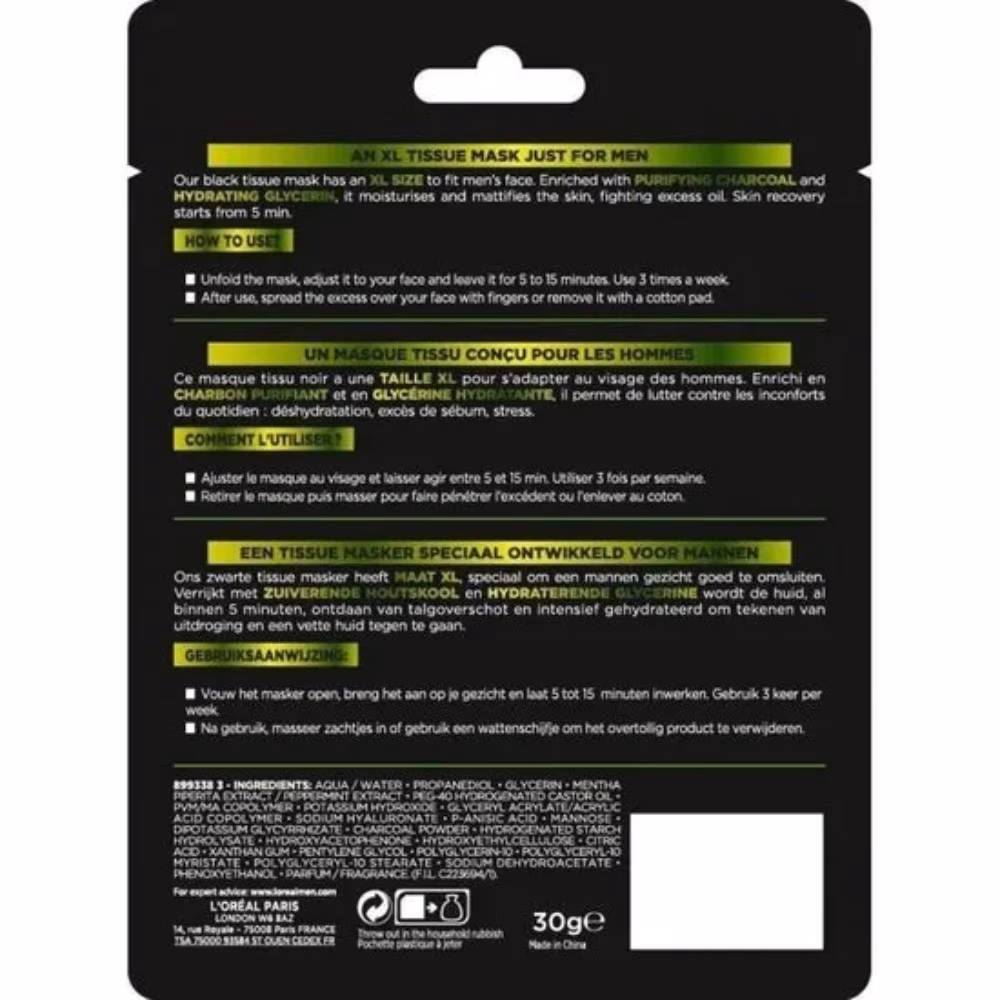 L'Oréal Men Expert Pure Charcoal Purifying Tissue Mask 30g 2