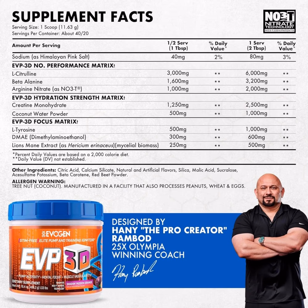 Evogen EVP 3D Non-Stim Pre-Workout 465g – Smashin Passion Orange 4