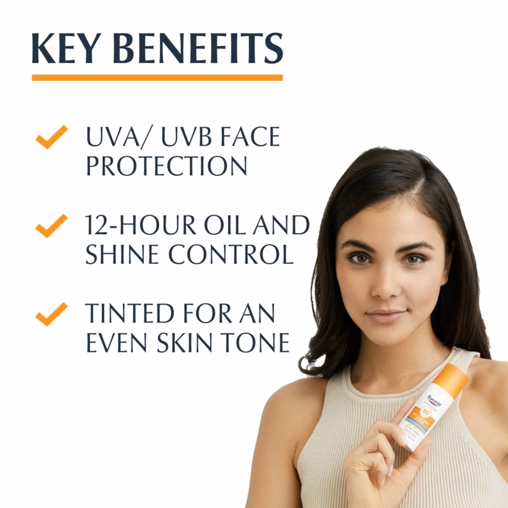 Eucerin Oil Control Tinted Dry Touch Face Cream SPF 50+ 50ml | Mattifying Sunscreen for Oily & Acne-Prone Skin | High UVA/UVB Protection 2