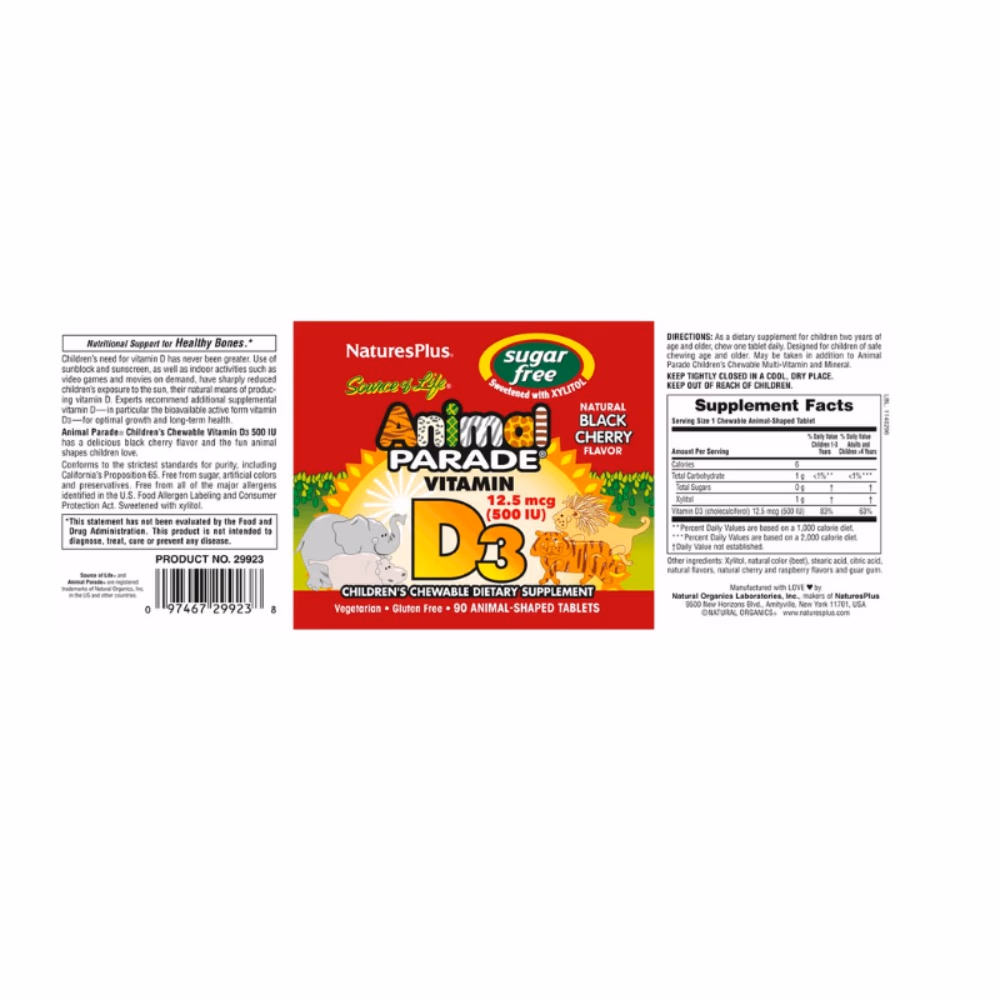 Natures Plus Animal Parade Vitamin D3 500IU SF 90 Tabs Black Cherry 4