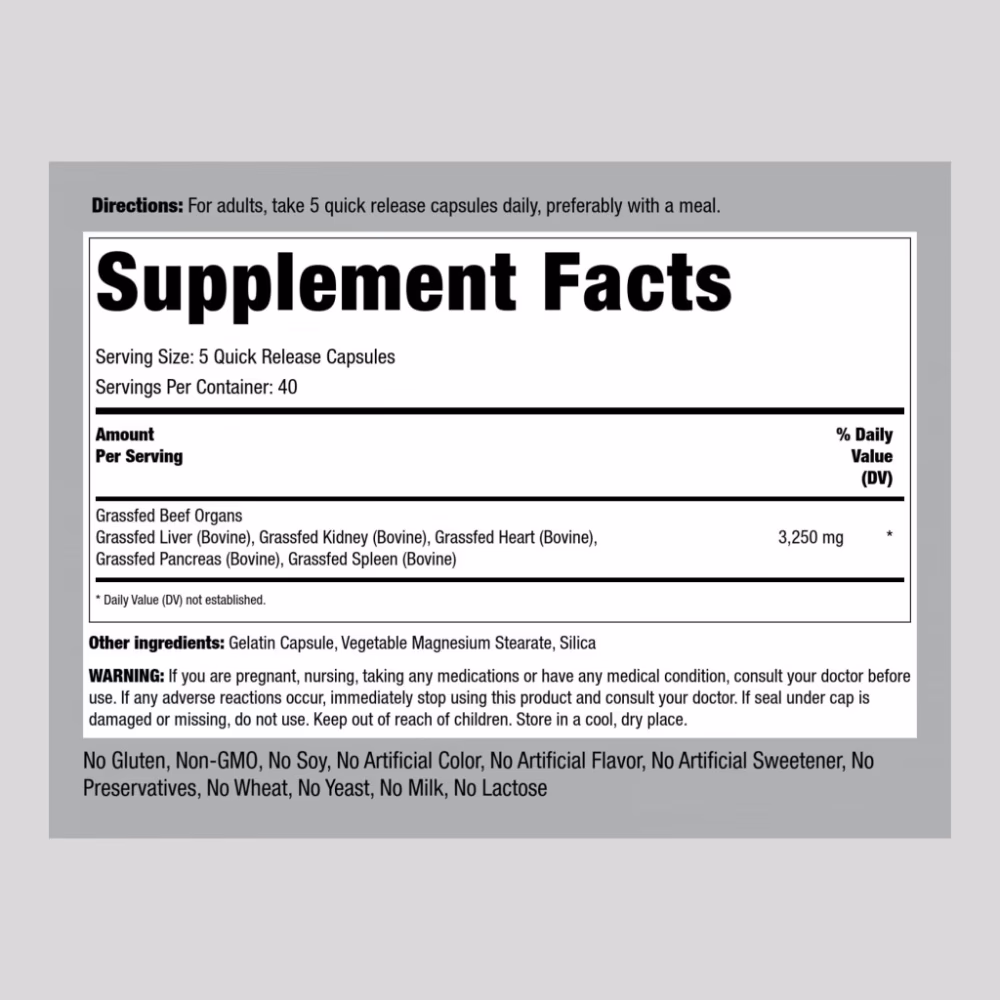 Piping Rock Grassfed Beef Organs 3250MG 200 Caps 5
