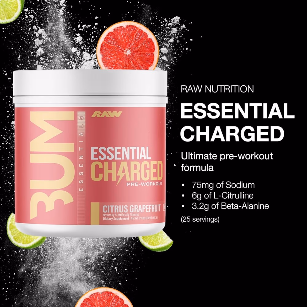 Raw Essential Charged Pre-Workout Citrus Grape 400g 5