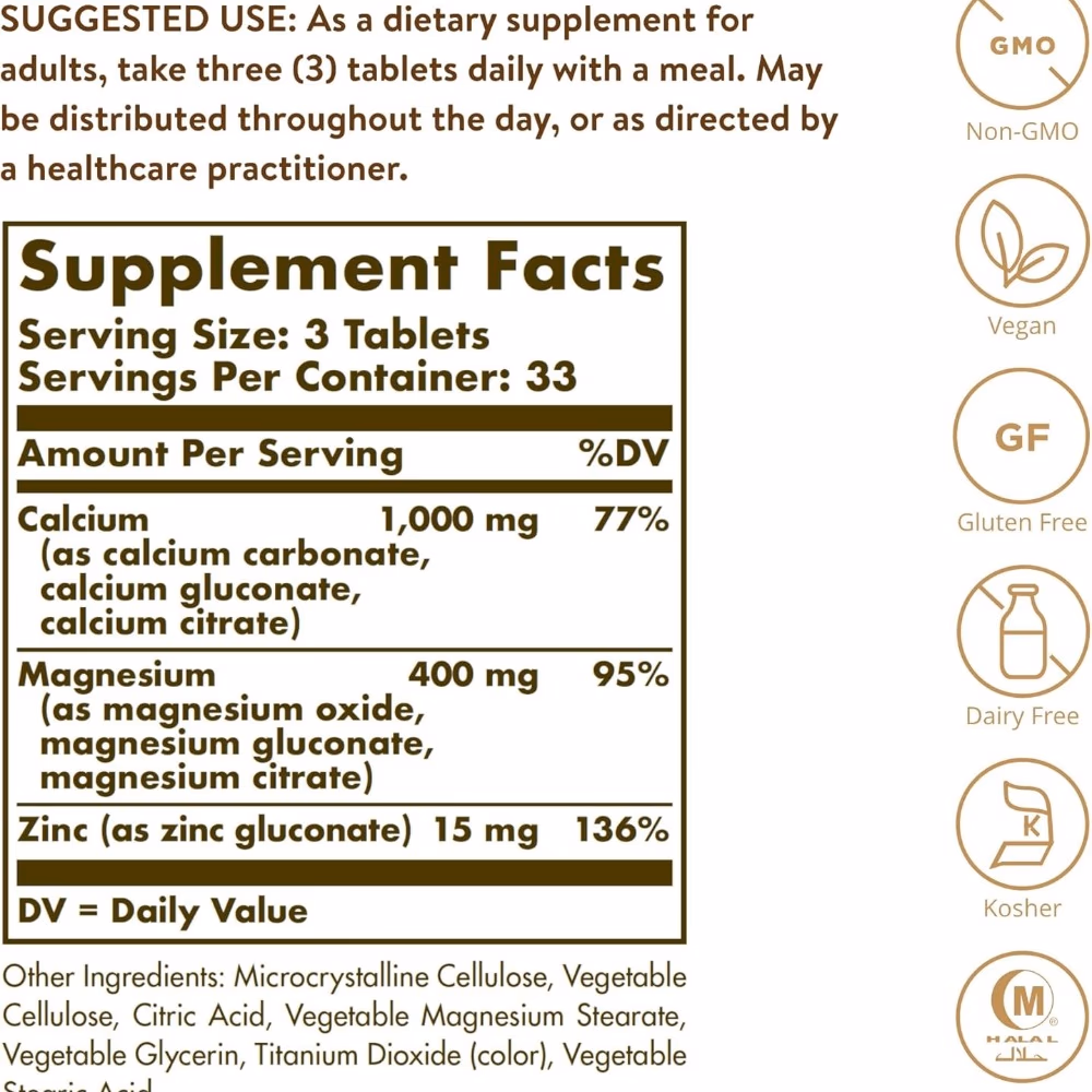 Solgar Calcium Magnesium Plus Zinc 100 Tabs 2