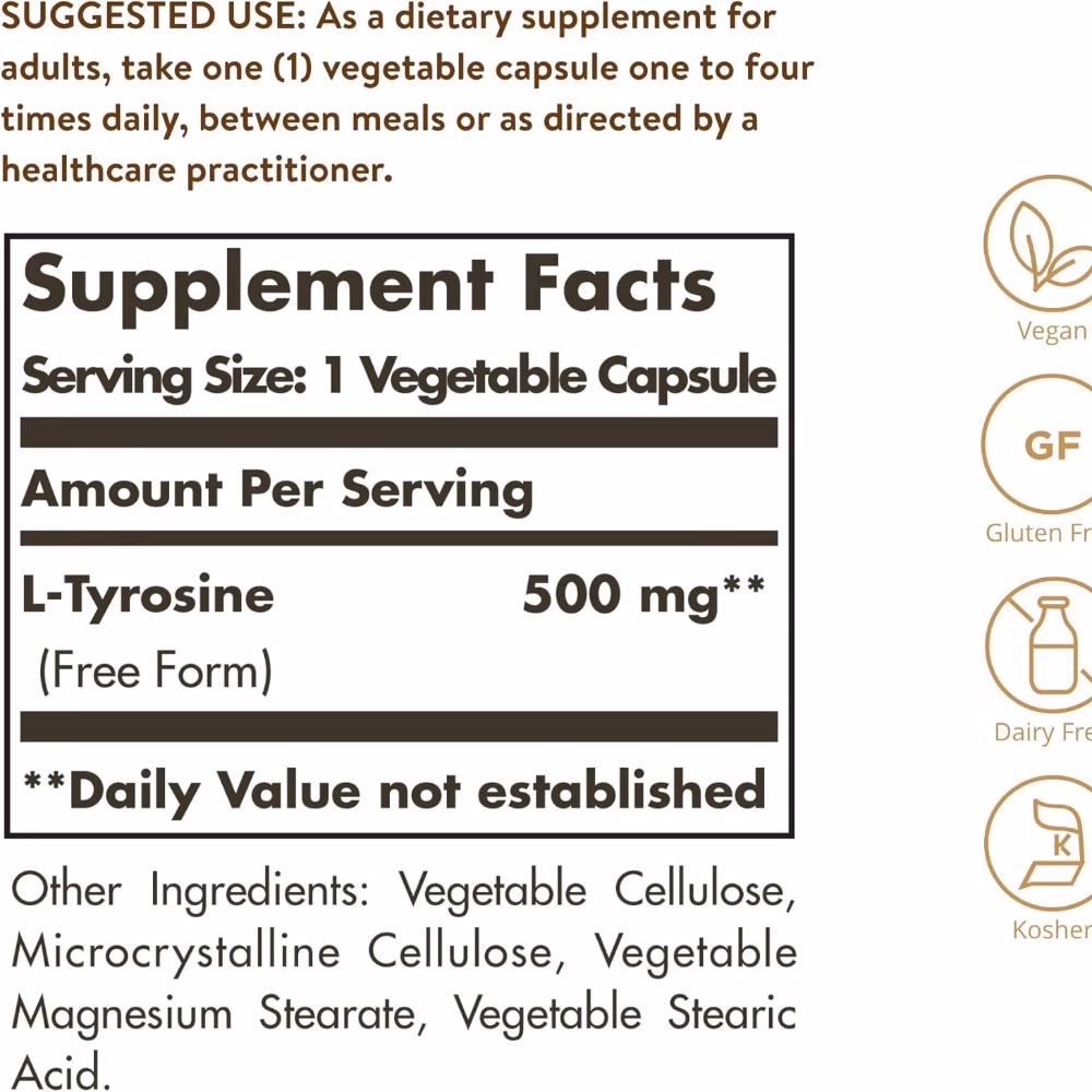 Solgar L-Tyrosine 500mg 100 Veg Capsules 2