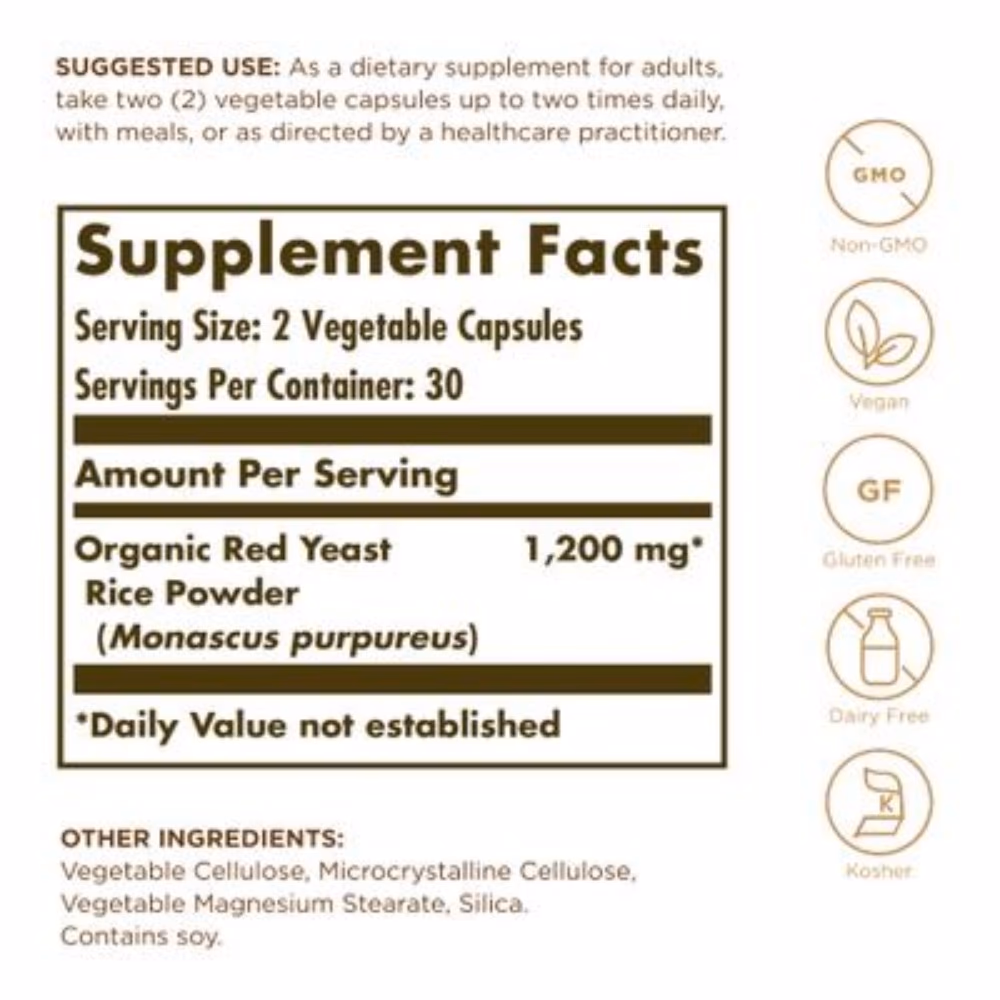 Solgar Red Yeast Rice 600mg 120 Veg Capsules 2
