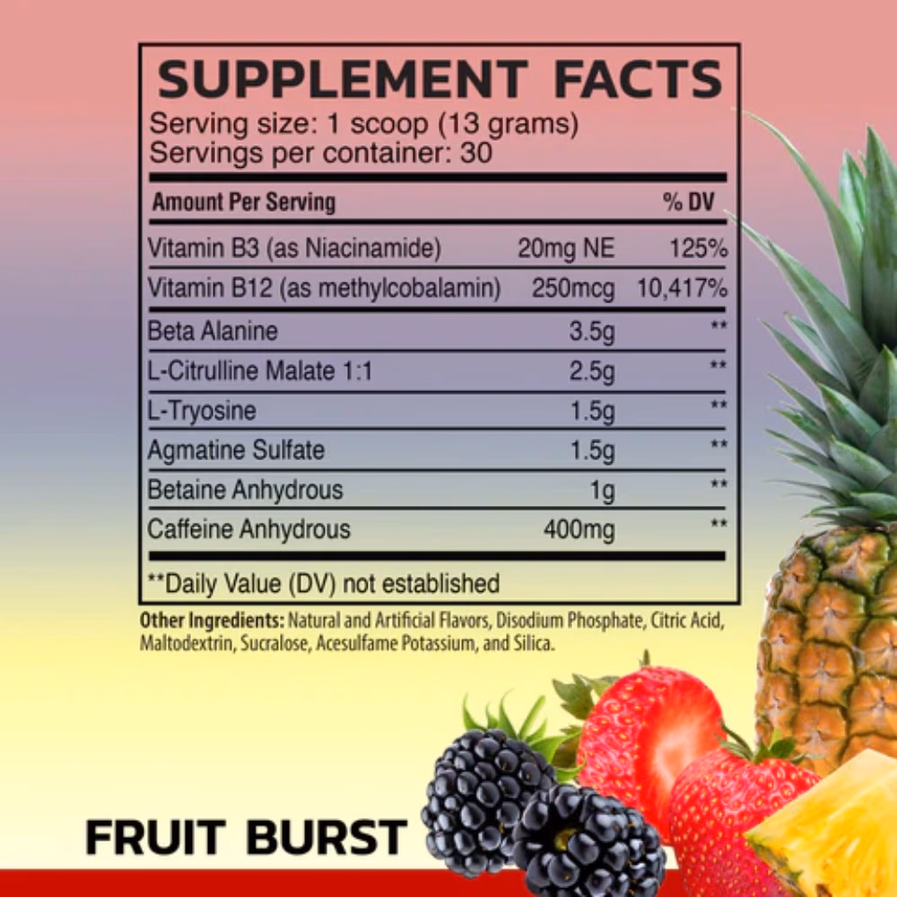 Raw Pre Workout Extreme Fruit Burst 360g 2