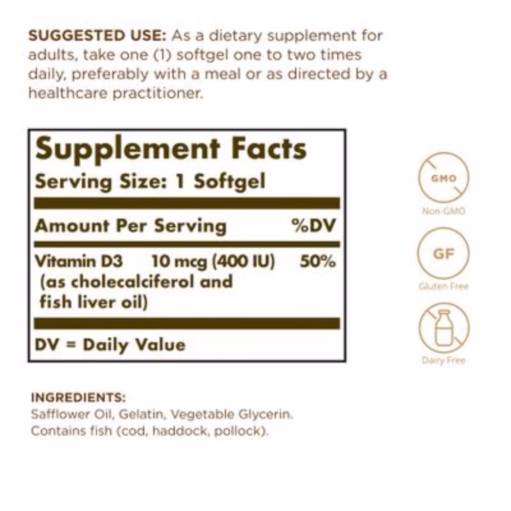 Solgar Vitamin D3 400 IU 100 Softgels 2