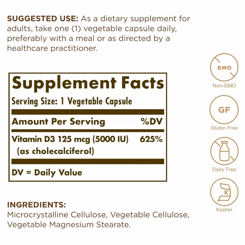 Solgar Vitamin D3 125mcg ( 5000 IU ) 60 Veg Capsules 2