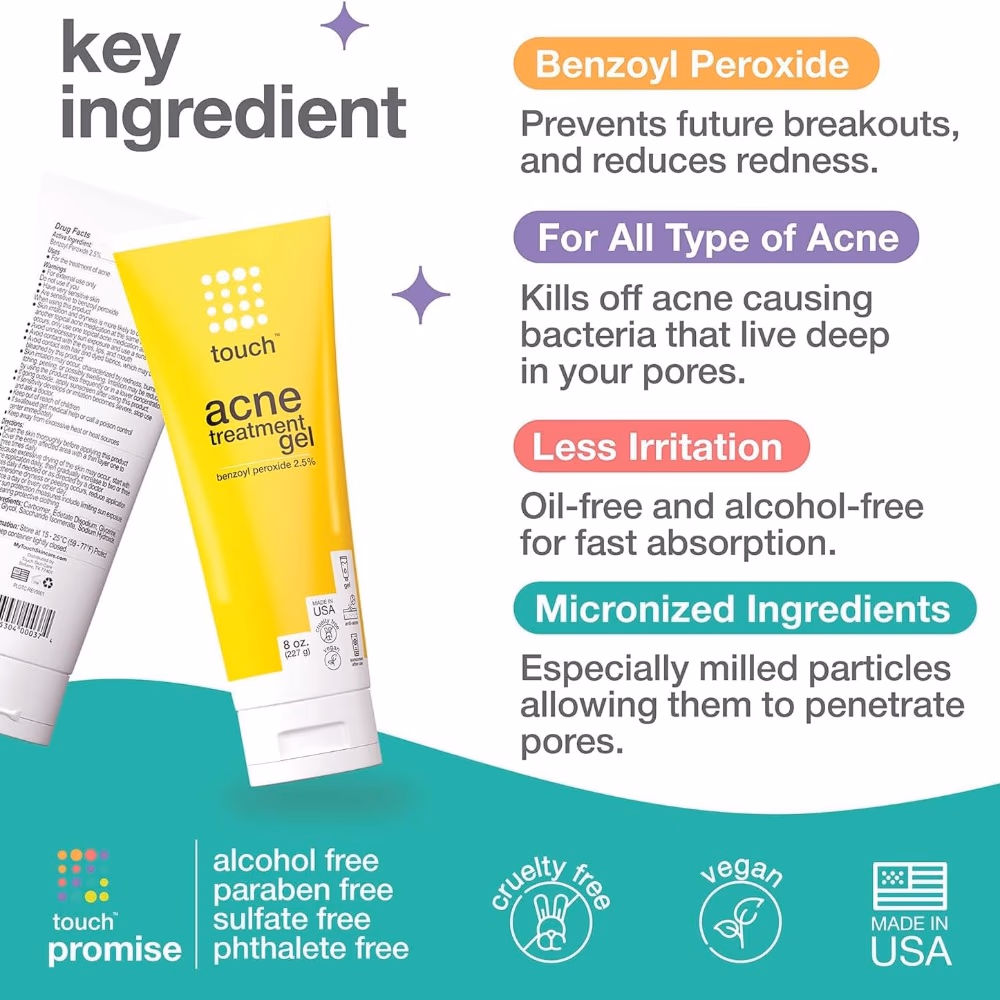 Touch Acne Treatment Gel – 227g | Maximum Strength Benzoyl Peroxide 10% for Pimples, Blackheads & Breakouts 5