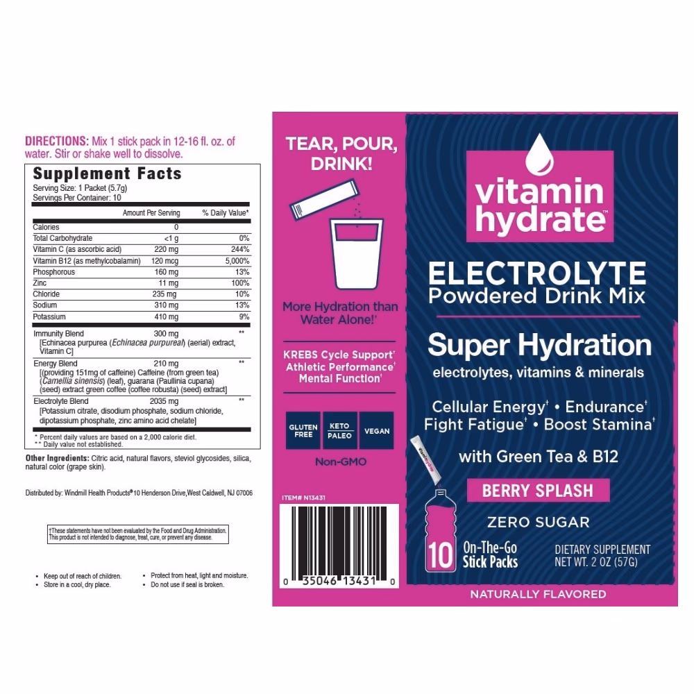 Vitamin Hydrate Electrolyte Powder Berry Splash 10 Stick Packs 2