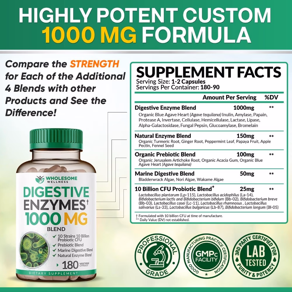 Wholesome Wellness Digestive Enzymes 1000 mg - 180 Capsules 4