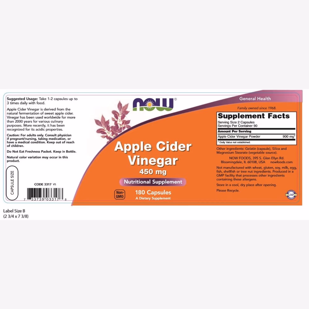 NOW Foods Apple Cider Vinegar 450Mg 180S 4