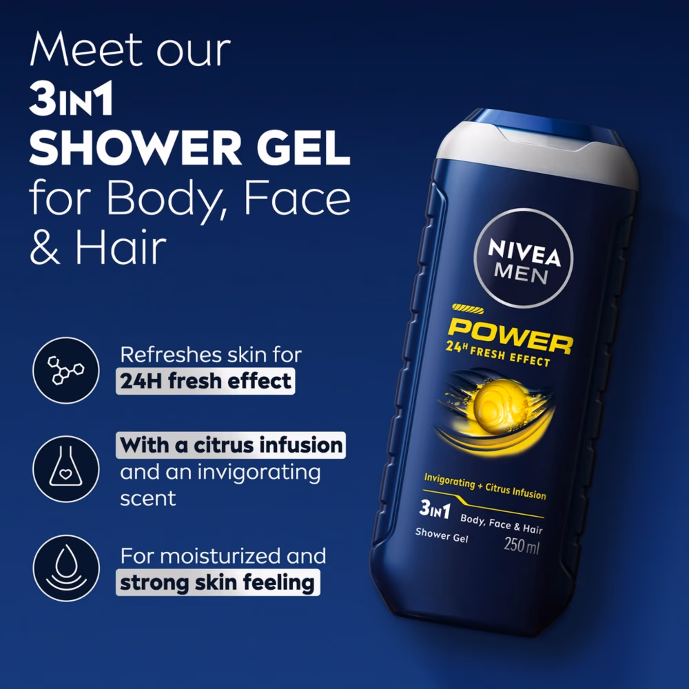 nivea men power 3 in 1 shower gel 250ml 2