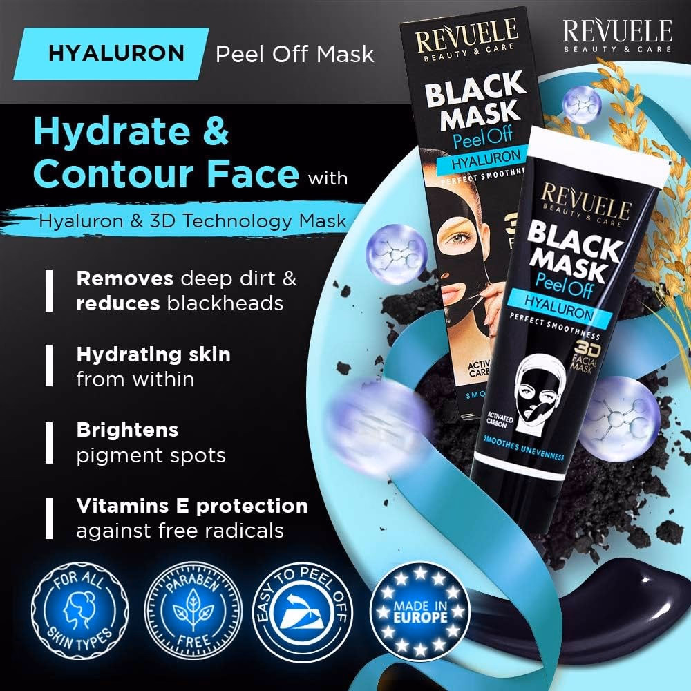 Revuele Black Mask Peel Off Hyaluron 3D Facial Mask wth Activated Carbon 80ml 3
