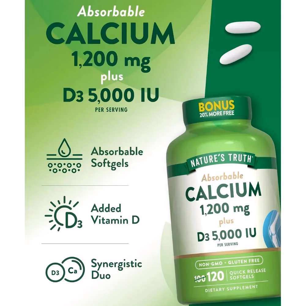 Natures Truth Calcium 1200mg + Vitamin D3 5000 IU - 120 Softgels 2