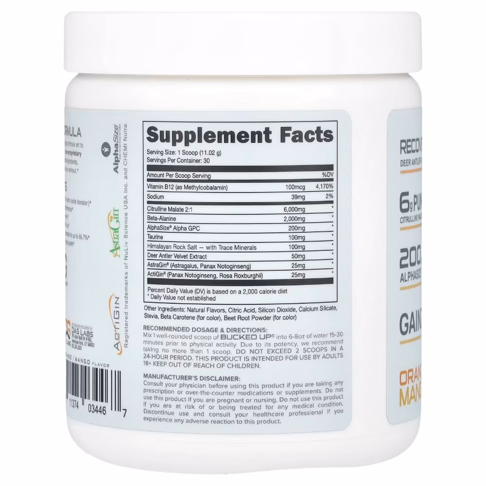 Bucked Up Pre Workout Non Stimulant Orange Mango 30s 2