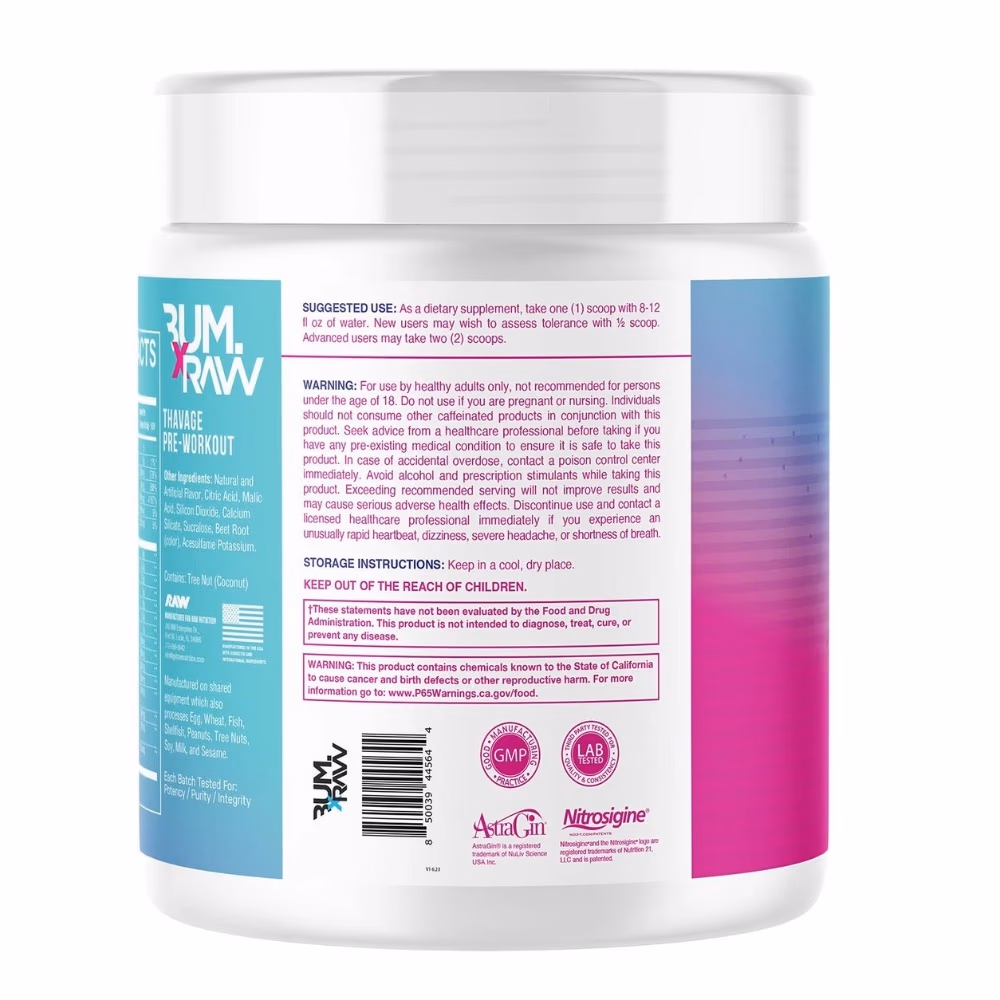 Raw Nutrition BUM Thavage Pre-Workout Powder South Beach Slush 40 Servings 3
